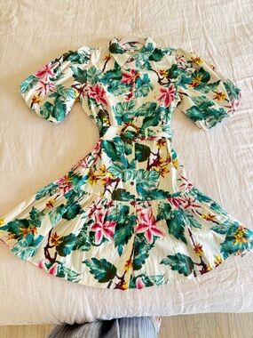 Walter Baker White Mini Shirt Dress with Pink & Green Floral Print